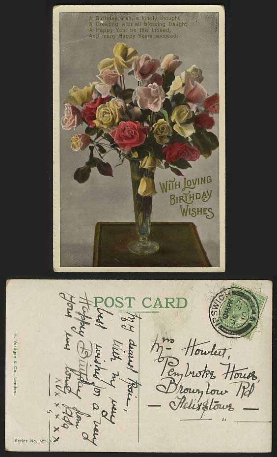 With Loving BIRTHDAY Wishes 1910 Postcard Roses in Vase Greetings