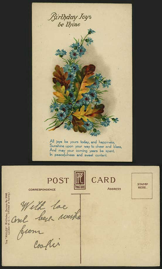 Birthday Joys be Thine 1915 Old Colour Postcard Flowers