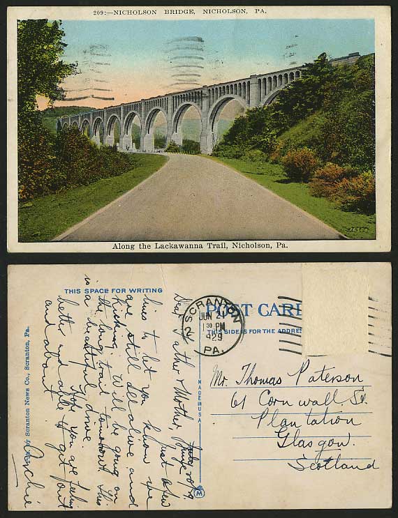 USA 1929 Old Postcard LACKAWANNA TRAIL NICHOLSON BRIDGE