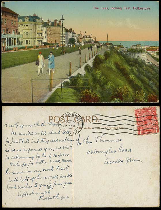 FOLKESTONE 1930 Colour Postcard Lees LEAS Looking East