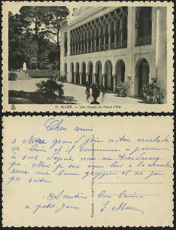 Algeria / ALGER Old Postcard Une facade du Palais d'Ete
