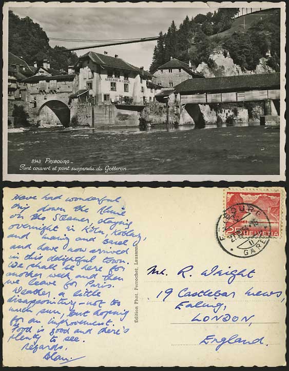FRIBOURG 1954 Postcard Pont Suspendu Gotteron ANGEL INN