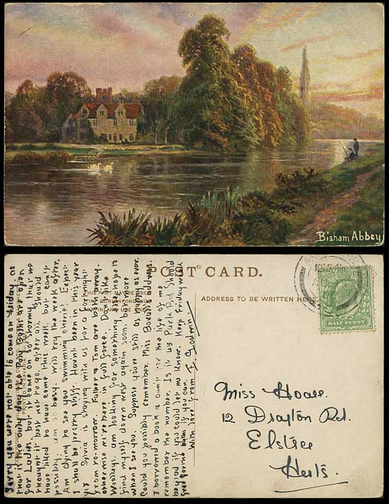 BISHAM ABBEY 1906 Old Art Drawn Postcard Fishing Swans