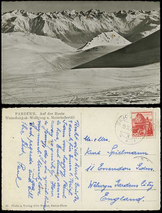 Swiss PARSENN 1947 Old Postcard Weissfluhjoch Wolfgang
