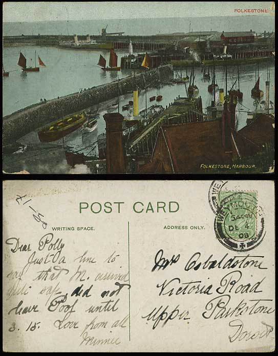 FOLKESTONE 1908 Postcard Lighthouse Ships Boats Harbour