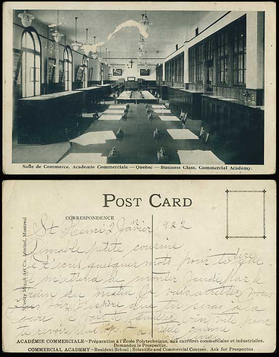 QUEBEC 1922 Postcard Commercial Academy, Business Class