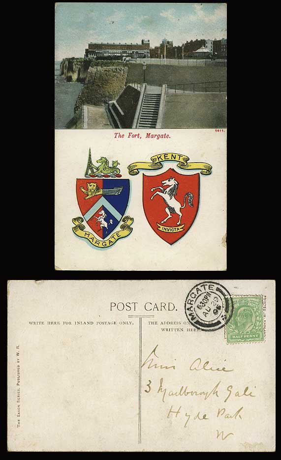 MARGATE Kent 1905 Old Postcard Coat of Arms & THE FORT