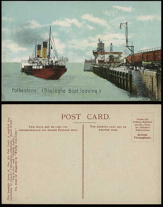 FOLKESTONE Old Colour Postcard - BOULOGNE BOAT LEAVING