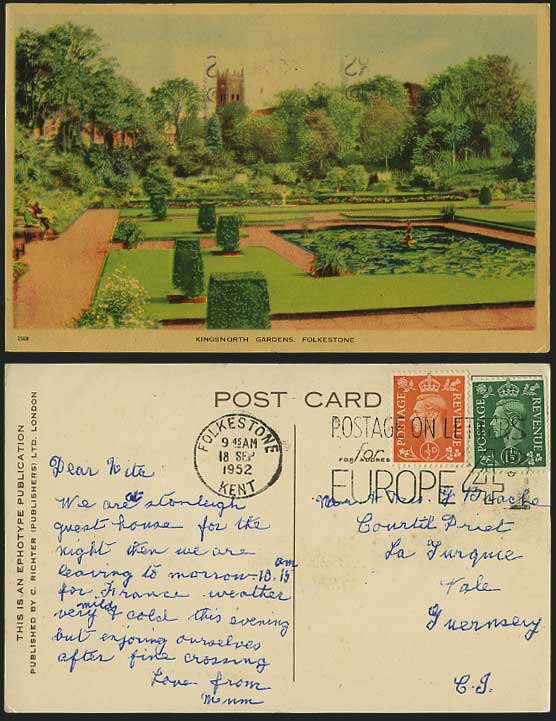 FOLKESTONE 1952 Old Colour Postcard Kingsnorth Gardens