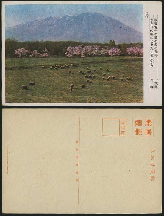 Japan Old Colour Postcard MT. FUJI Cherry Blossoms SHEEP Official Military Card