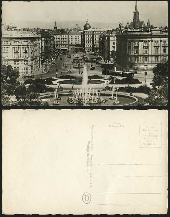 Wien Old R.P. Postcard Hochstrahlbrunnen Fountain TRAM