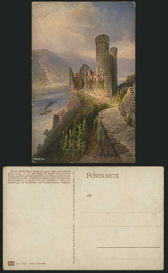 Ruine EHRENFELS Rhein River Old Artist Signed Postcard