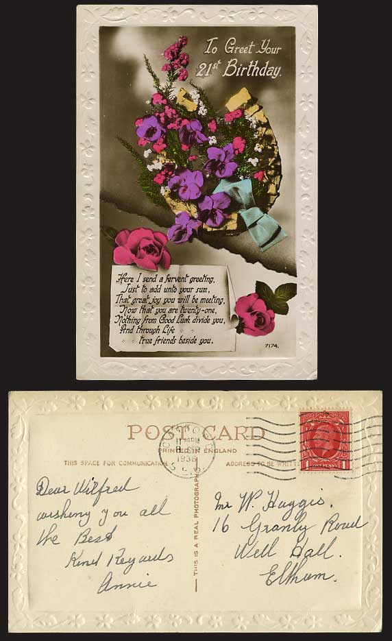 To Greet Your 21st BIRTHDAY 1936 Old Postcard Flowers