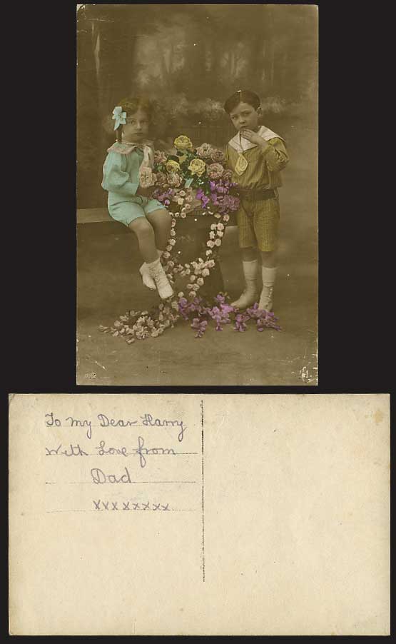 Children GIRL & BOY & Flowers Old Hand Tinted Postcard