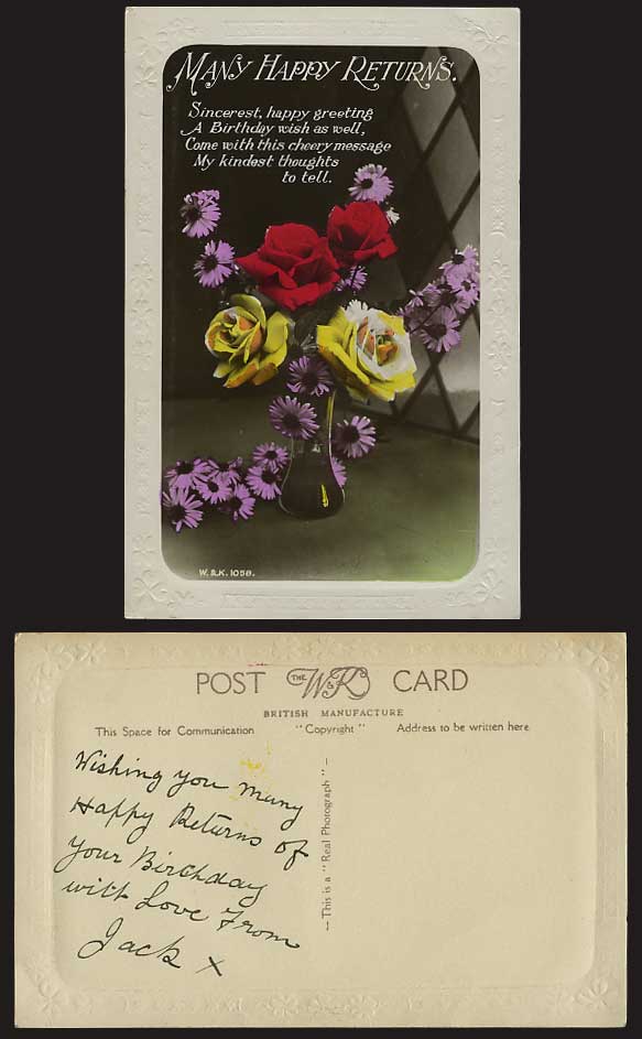 Many Happy Returns BIRTHDAY Old Postcard Flower in Vase