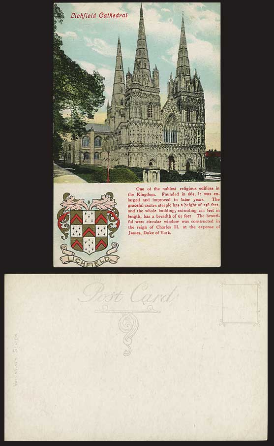 Staffordshire Old Postcard - LICHFIELD CATHEDRAL & Arms