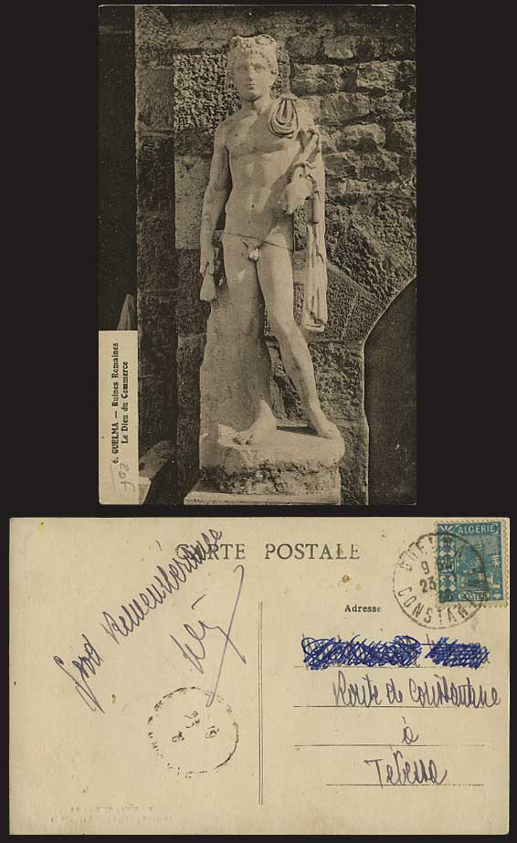 GUELMA 1936 Old Postcard Roman Ruins Commercial God Statue Ruines Romaines