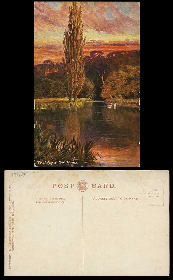 THE WEY GUILDFORD Surrey River Scene Art Artist Drawn Old Postcard Sunset