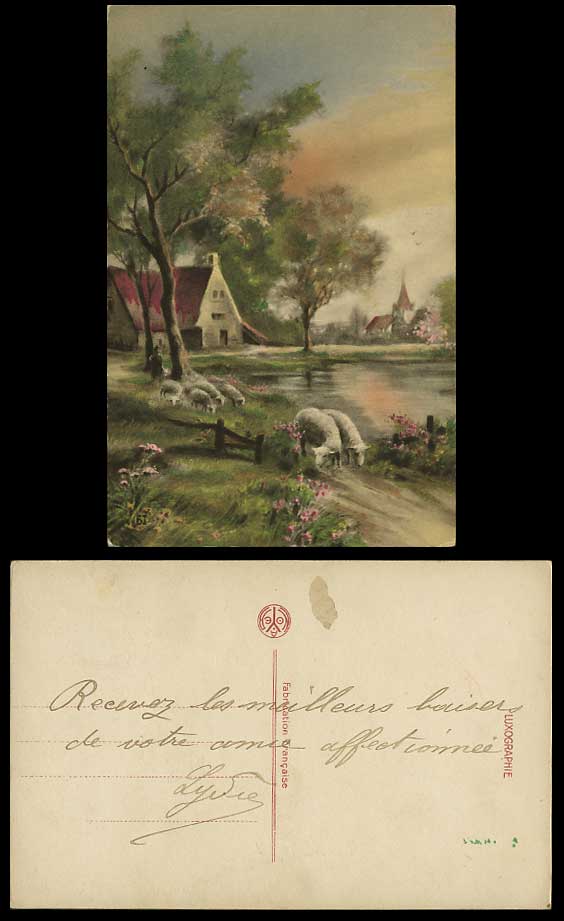 SHEEP SHEPHERD Cottage France Artist Drawn Old Postcard