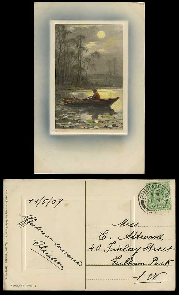 Artist Drawn 1909 Old Postcard Boat Waterlily Pond Lake