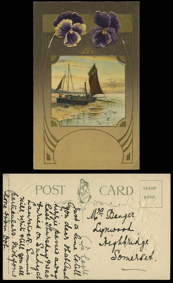 Sailing Boats & Pansy Flowers Artist Drawn Old Postcard