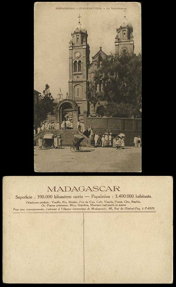 MADAGASCAR Old Postcard FIANARANTSOA Rickshaw Cathedral