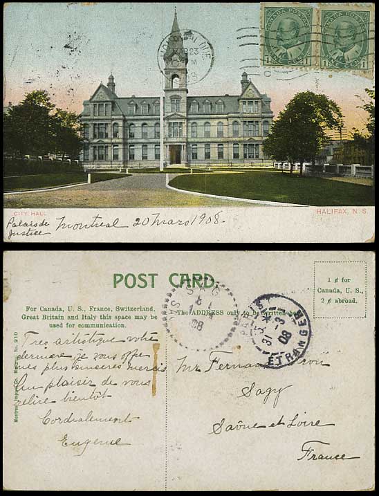 Canada 1908 Old Postcard Clock CITY HALL - Halifax N.S.