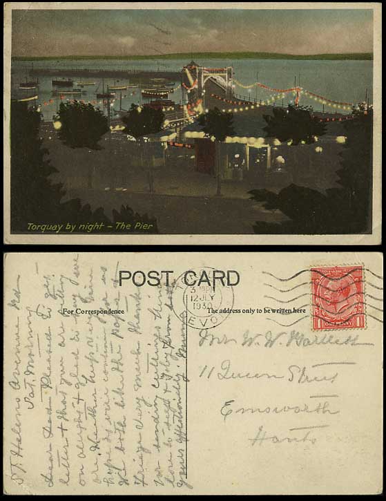 TORQUAY 1930 Postcard PIER Harbour Illuminated by Night