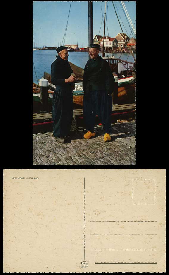Netherlands Old Colour Postcard VOLENDAM Harbour Boats 2 Dutch Men Holland Clogs