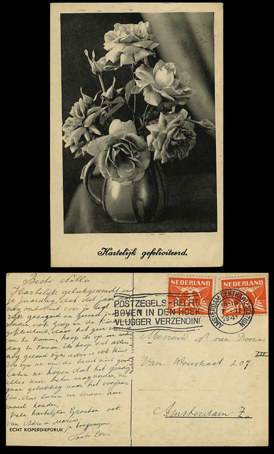 Hartelijk Gefeliciteerd Flowers Vase 1941 Old Postcard