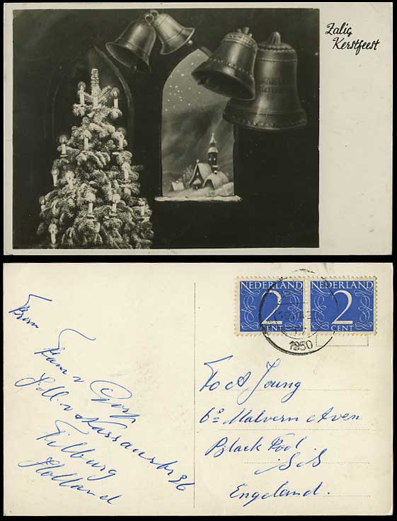 Zalig Kerstfeest BELLS Christmas Tree 1950 Old Postcard