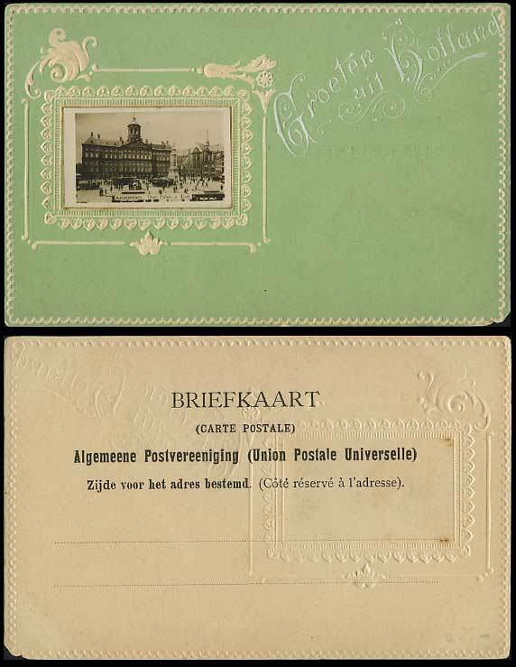 Amsterdam Dam Palais u. Kerk TRAM Old Embossed Postcard