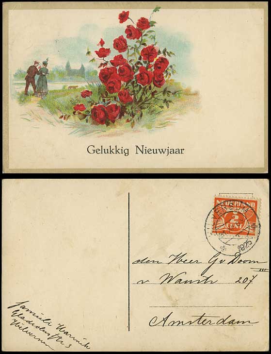 Gelukkig Nieuwjaar 1925 Old Postcard HAPPY NEW YEAR Roses Rose Flowers Romance
