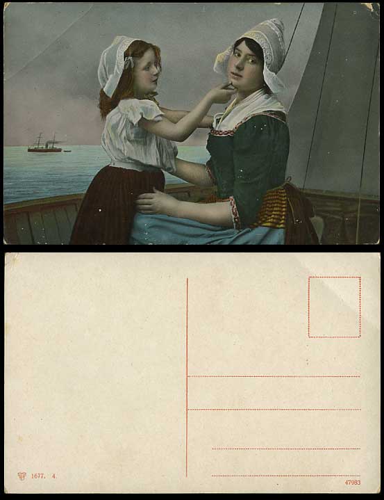 Dutch Woman & Little Girl Costumes Steamer Old Postcard