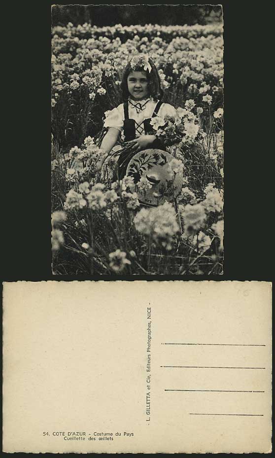Beautiful Little Girl & Flower Old Postcard COTE D'AZUR