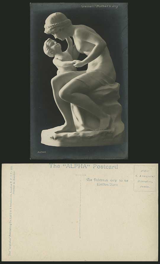 GREINER Mother's Joy Woman Mother Child Old Real Photo Postcard Statue Sculpture