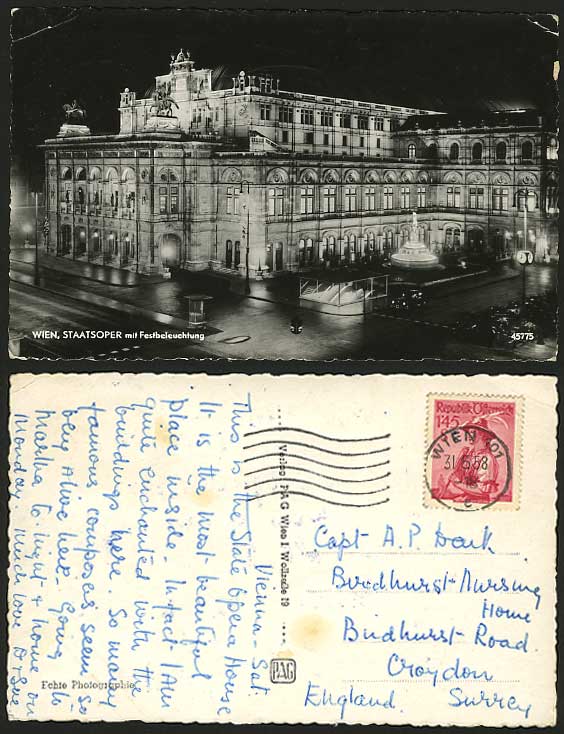 Wien 1958 Old Postcard Staatsoper OPERA Festbeleuchtung