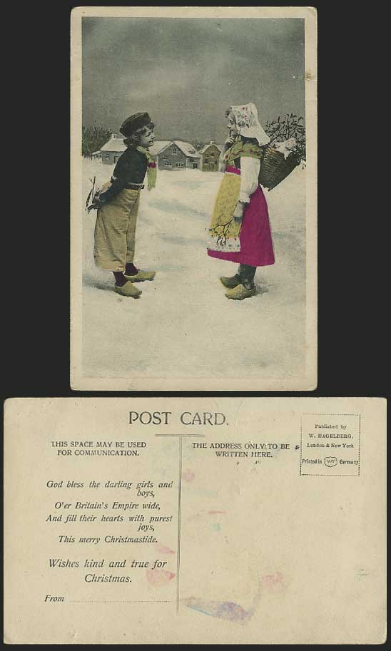 Dutch Children Boy & Girl Merry Chrismtas Old Postcard