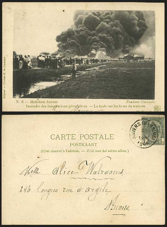 Belgium HOBOKEN Anvers FIRE Oil Well Installation 1904 Old Postcard Disaster