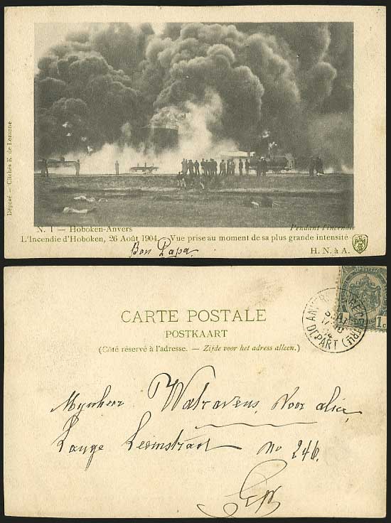 Belgium HOBOKEN Incendie Anvers FIRE Disaster 1904 Old Postcard U.B.