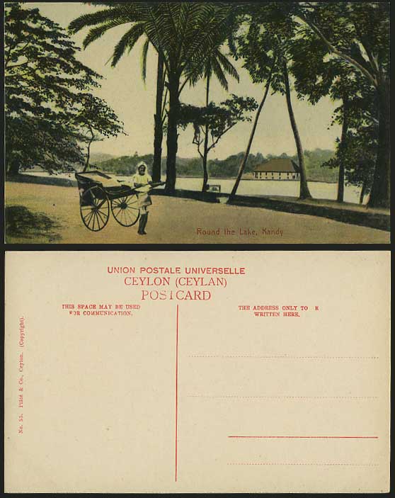 Ceylon Old Colour Postcard Rickshaw & Man Round The Lake Kandy