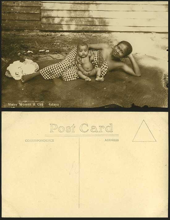 Malaya Singapore Old Real Photo Postcard Native MALAY WOMAN, BABY CHILD Children