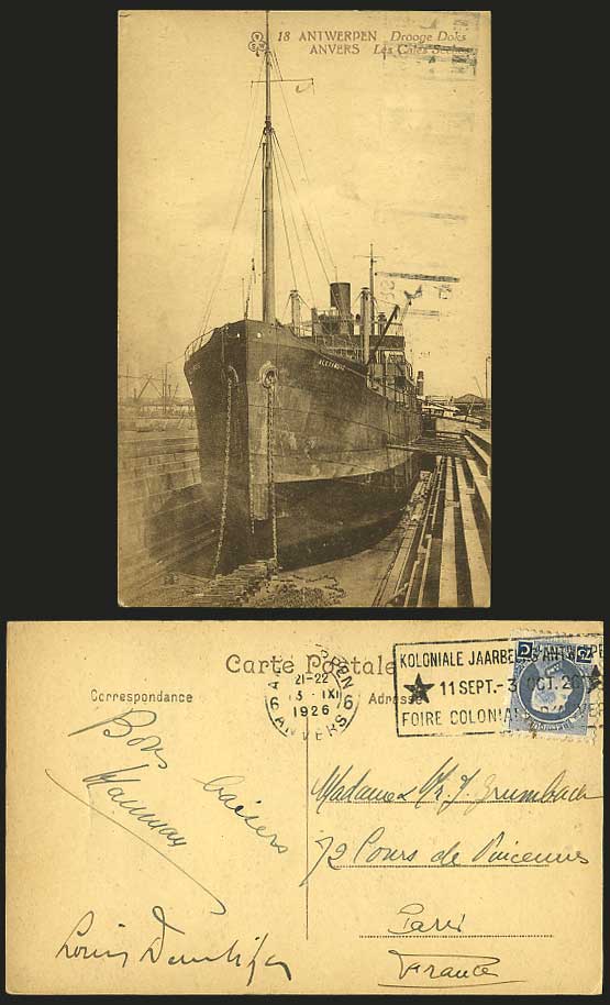 ALEXANDRE Steam Ship Anvers Dry Docks 1926 Old Postcard