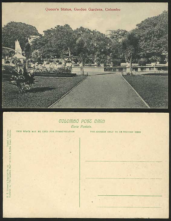 Ceylon Old Postcard QUEEN STATUE, GORDON GARDENS Colombo Sri Lanka Ceylan