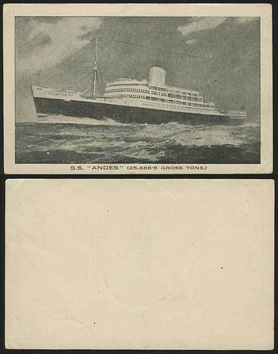 S.S. ANDES Steam Ship Steamer 25,688.5 Gr Tons Old Postcard Shipping