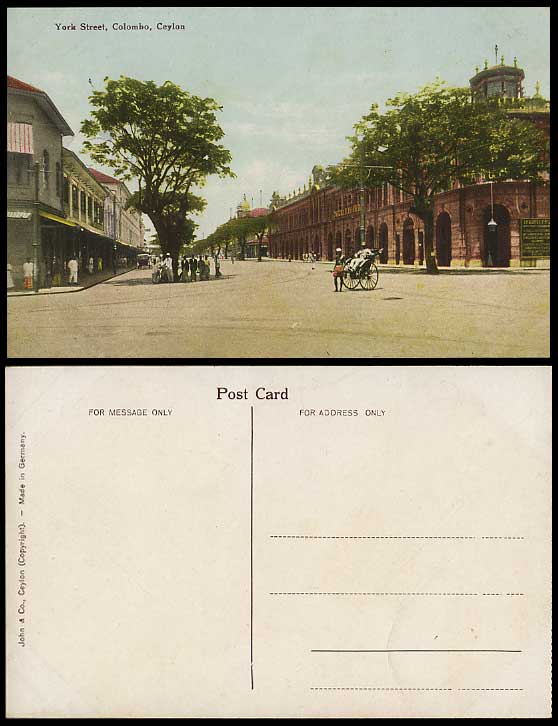 Ceylon Old Colour Postcard YORK STREET Colombo Rickshaw Coolie Street Scene