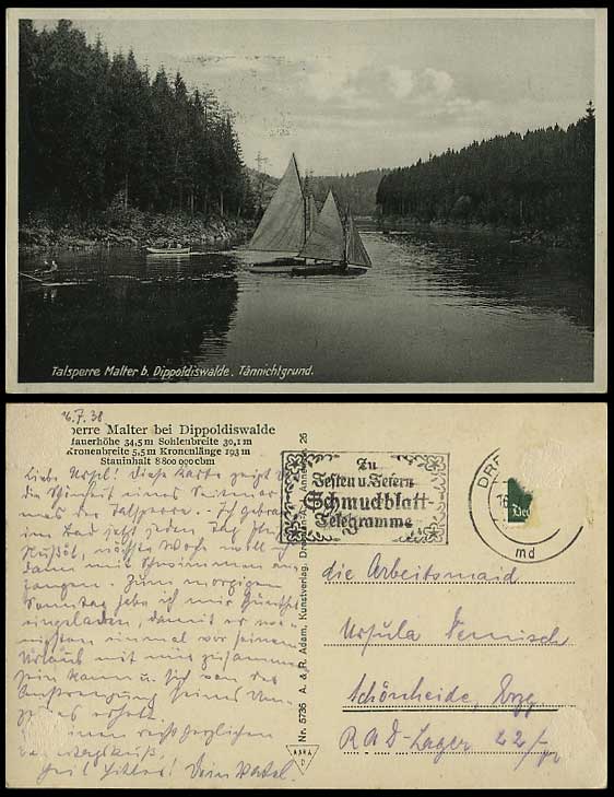 DIPPOLDISWALDE Talsperre Malter Old Postcard Sail Boats