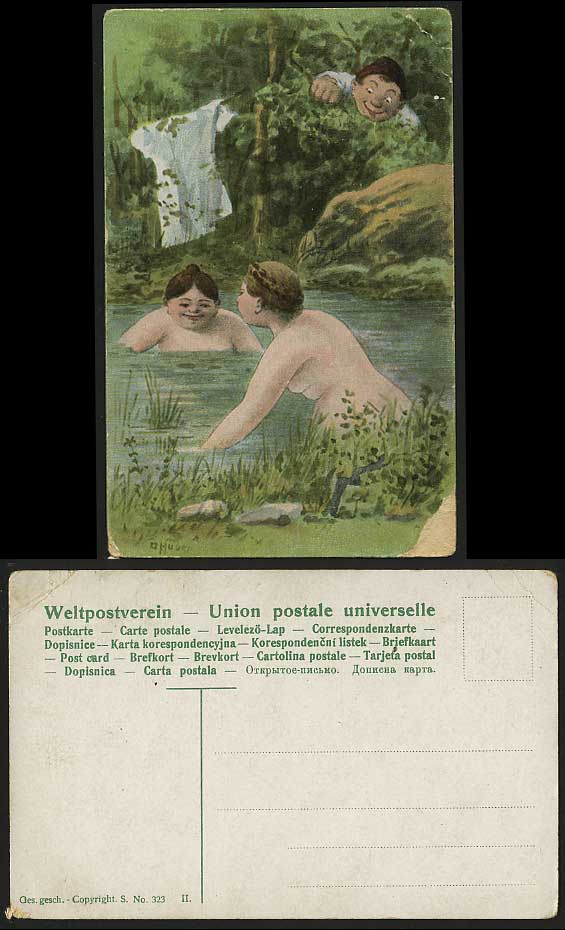 Comic Humour O. Hudey? Man Watching Women Bathing Artist Signed Old Postcard