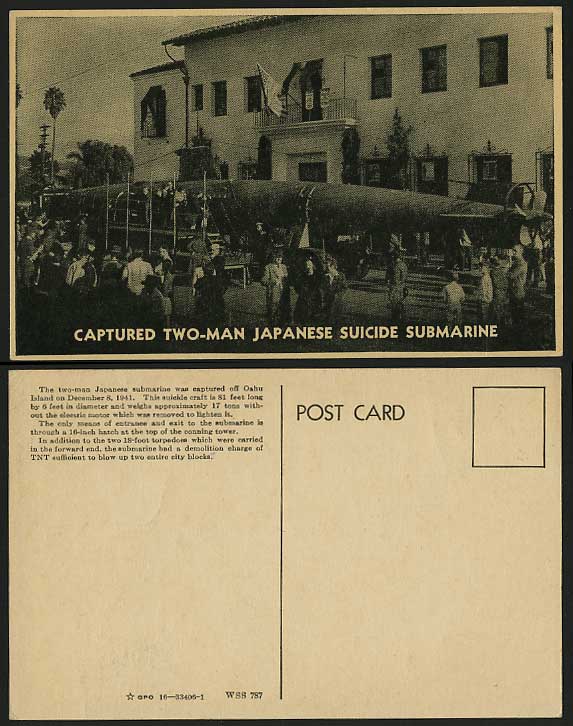 Captured 2-Man Japanese Suicide SUBMARINE 1941 Postcard