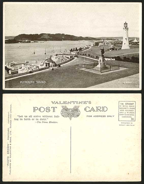 Devon Old B/W Postcard Plymouth Sound LIGHTHOUSE Statue